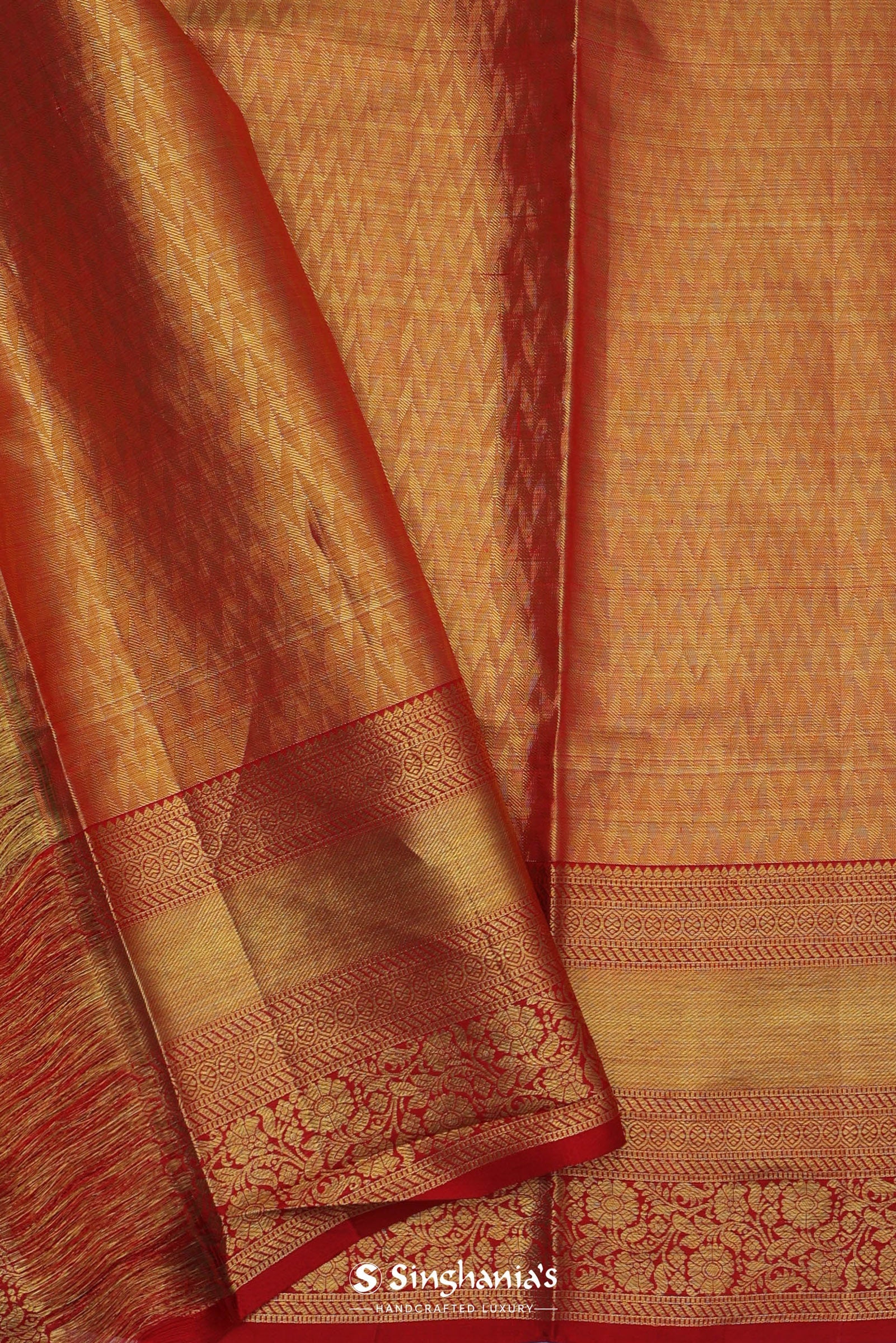 Orange Kanjivaram Silk Saree With Gold Zari Border