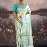 Turquoise Blue Kanjivaram Tissue Saree With Contrast Border
