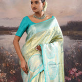 Turquoise Blue Kanjivaram Tissue Saree With Contrast Border