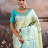 Turquoise Blue Kanjivaram Tissue Saree With Contrast Border