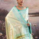 Turquoise Blue Kanjivaram Tissue Saree With Contrast Border
