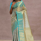 Sapphire Blue Tissue Kanjivaram Silk Saree With Gold Zari Border