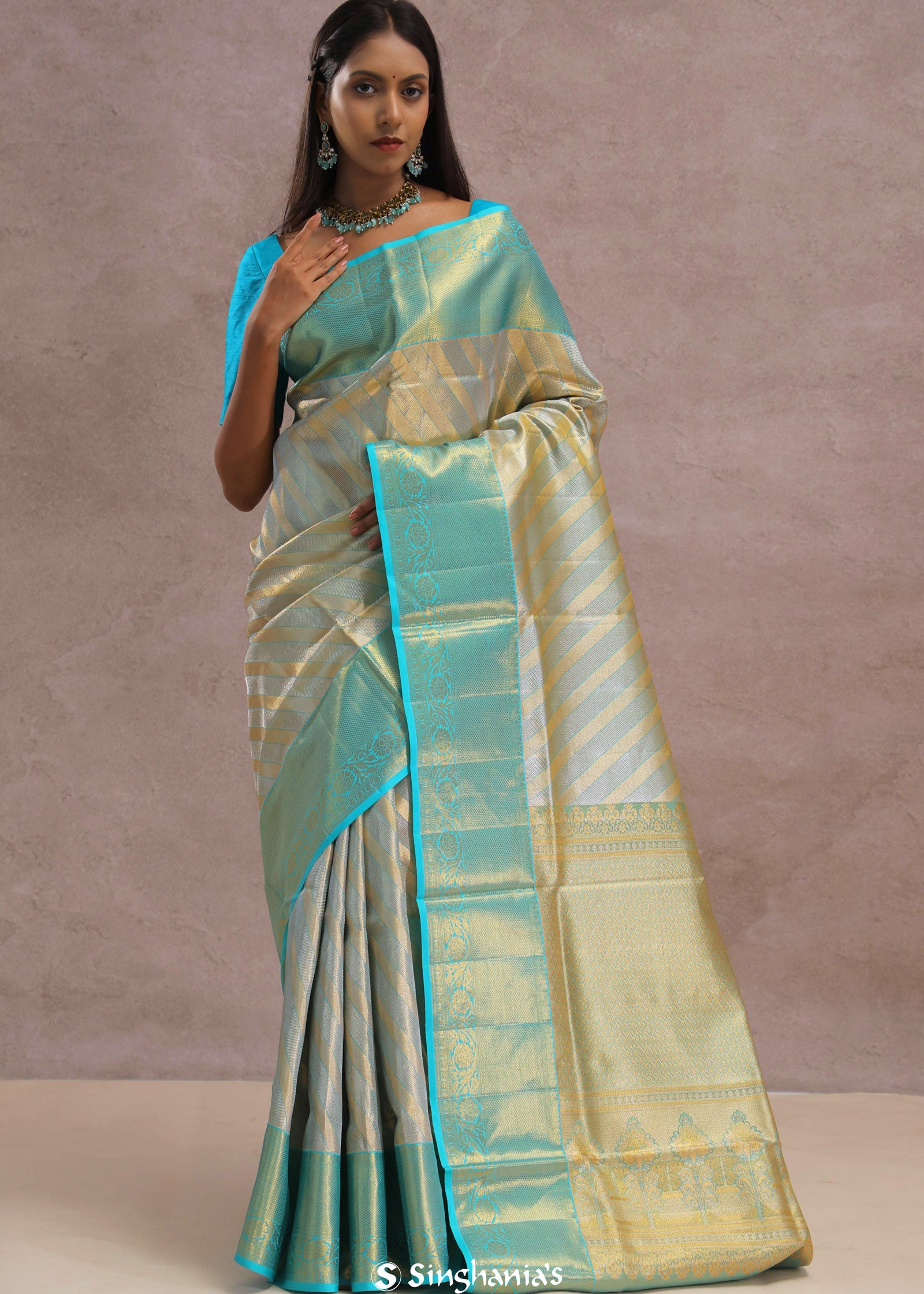 Sapphire Blue Tissue Kanjivaram Silk Saree With Gold Zari Border