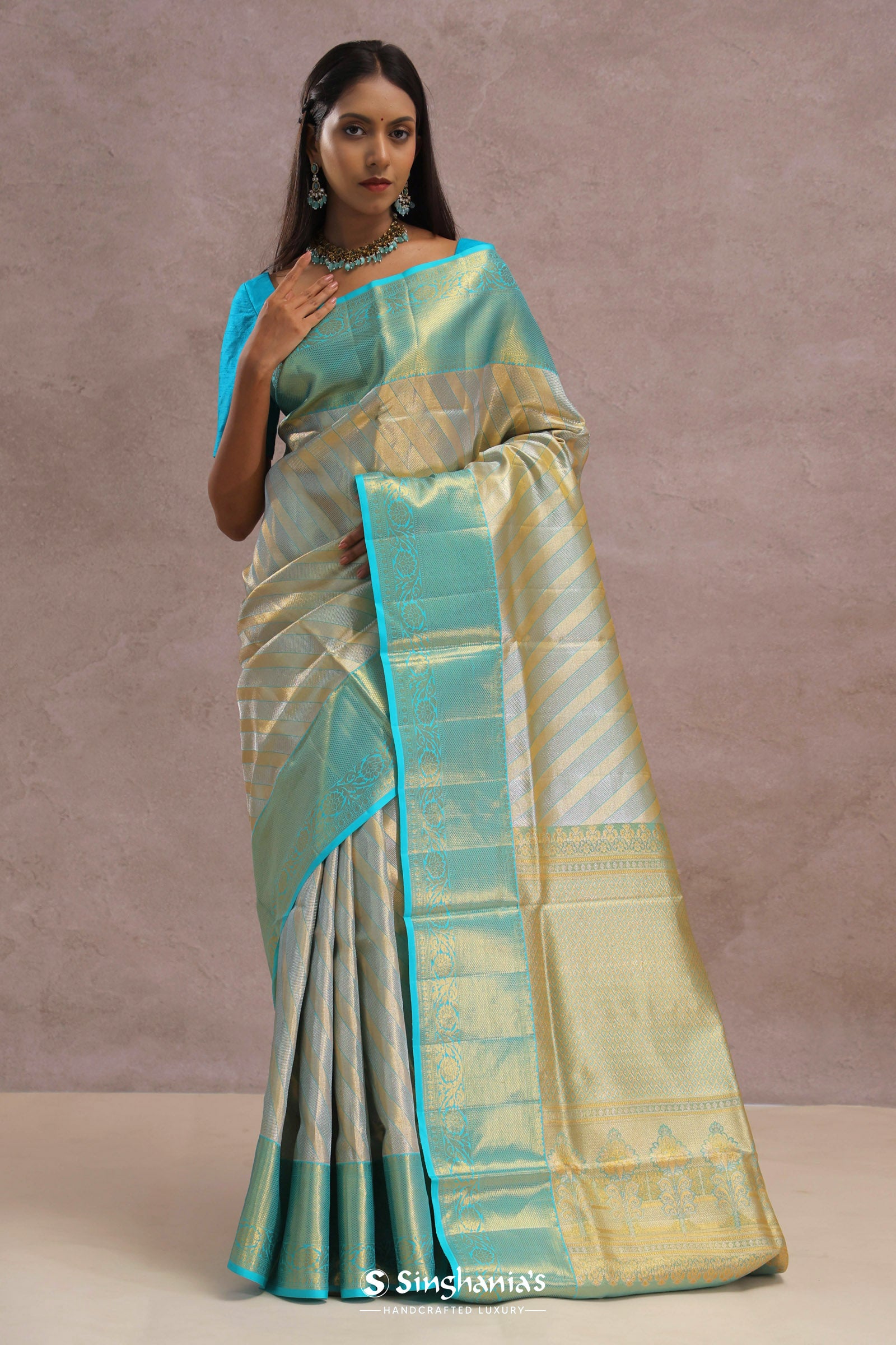 Sapphire Blue Tissue Kanjivaram Silk Saree With Gold Zari Border