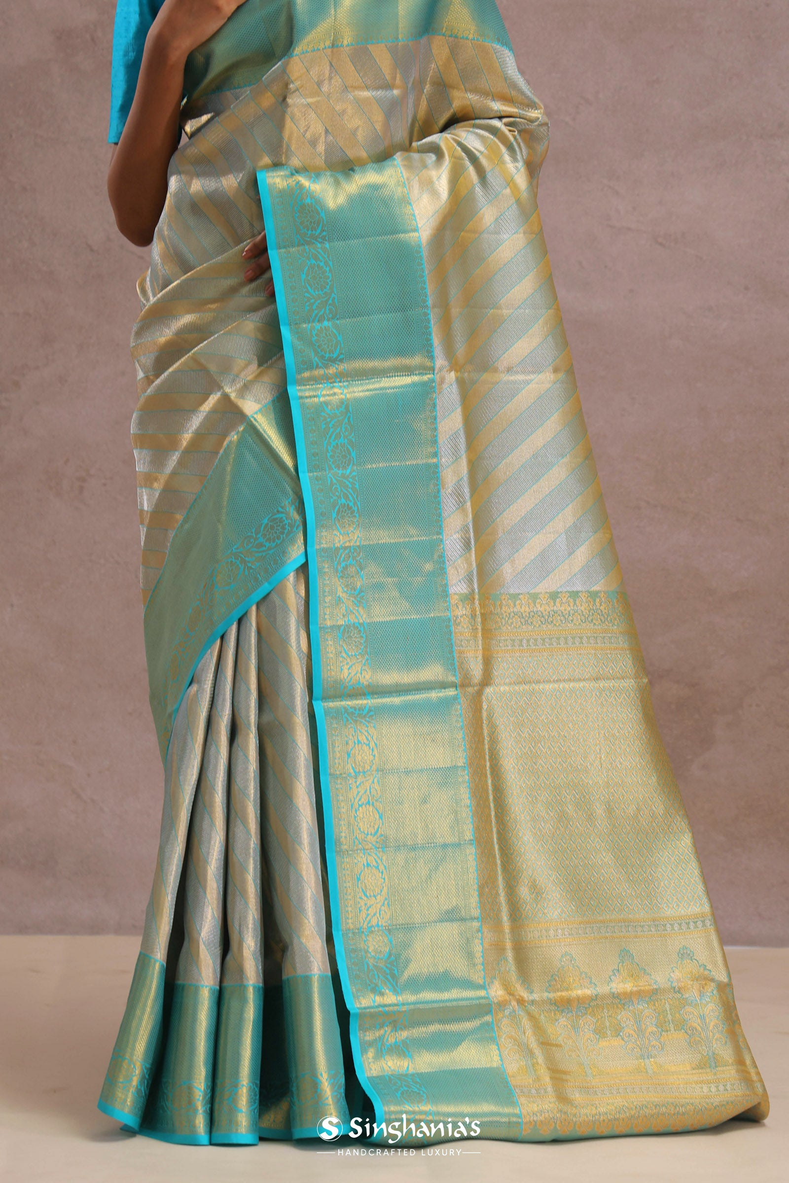 Sapphire Blue Tissue Kanjivaram Silk Saree With Gold Zari Border