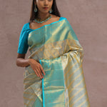 Sapphire Blue Tissue Kanjivaram Silk Saree With Gold Zari Border