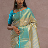 Sapphire Blue Tissue Kanjivaram Silk Saree With Gold Zari Border