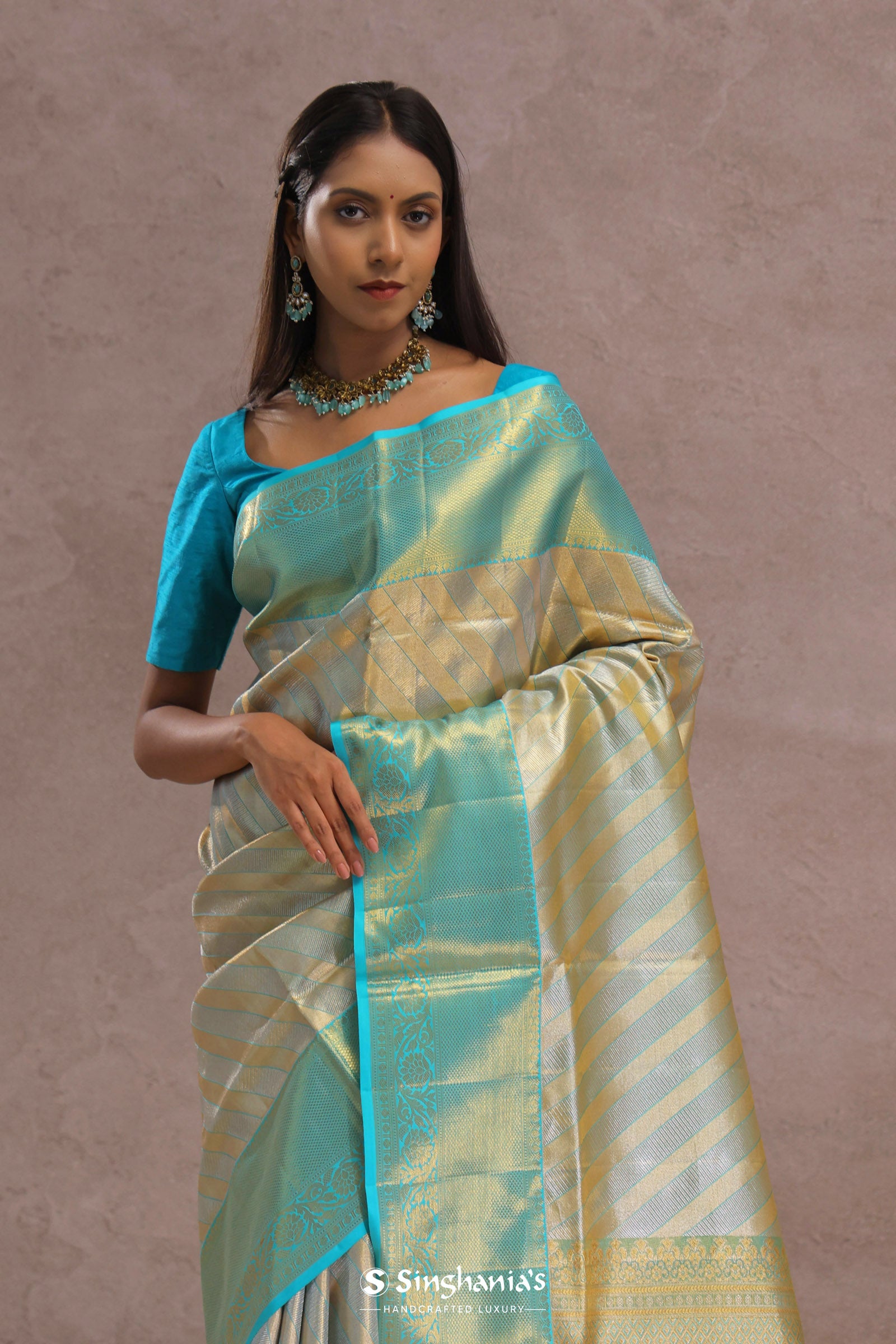 Sapphire Blue Tissue Kanjivaram Silk Saree With Gold Zari Border