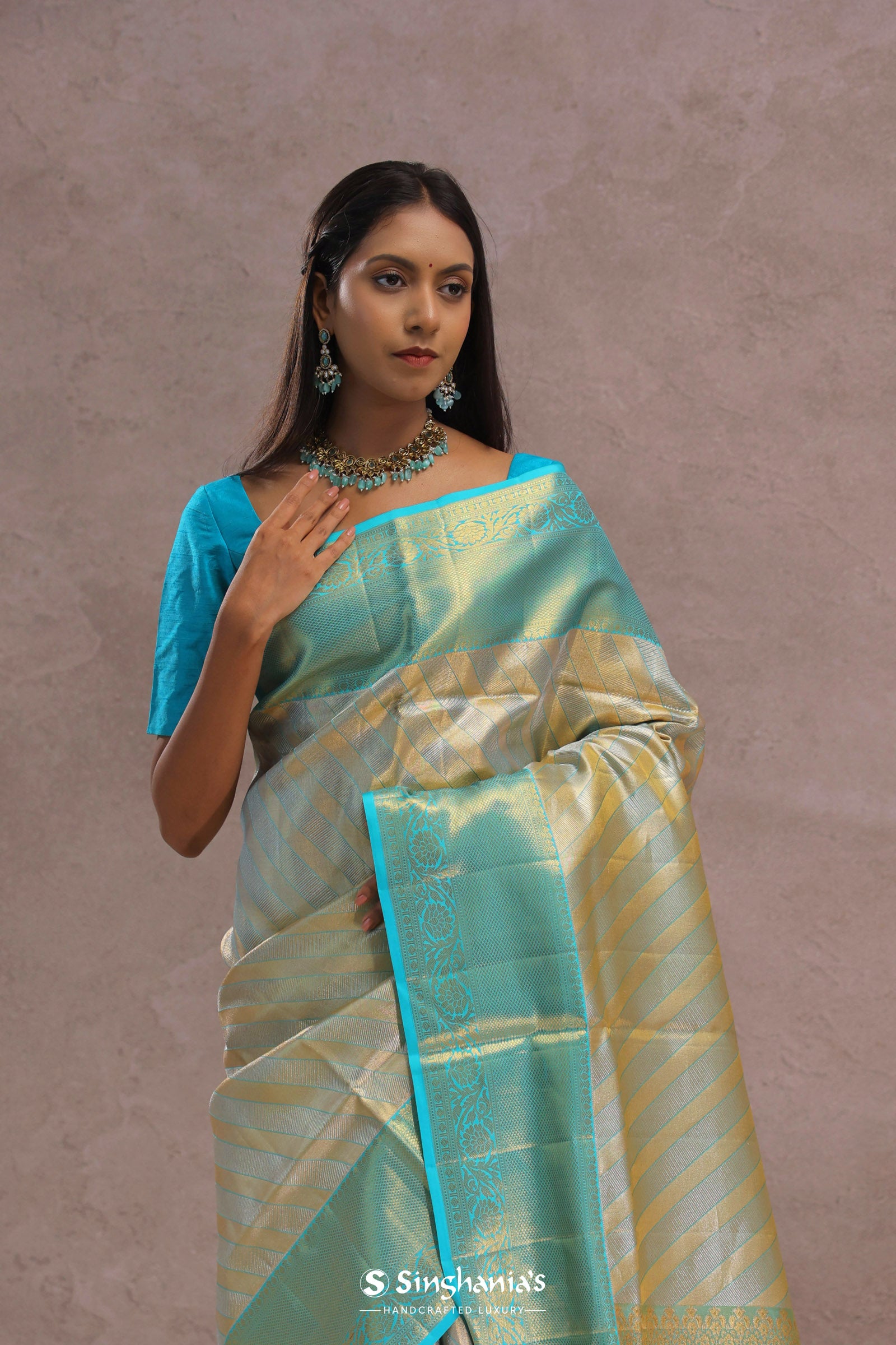 Sapphire Blue Tissue Kanjivaram Silk Saree With Gold Zari Border