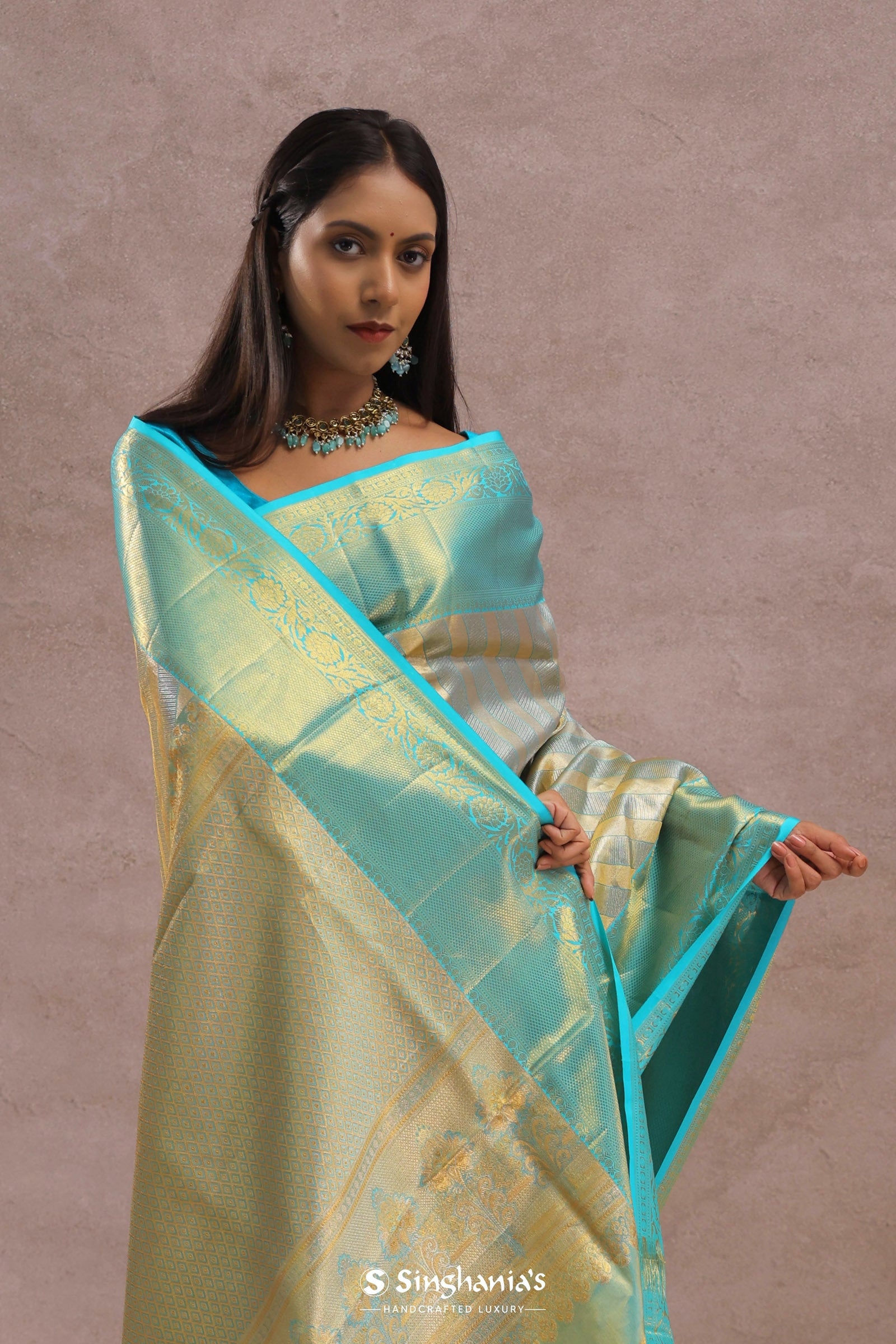 Sapphire Blue Tissue Kanjivaram Silk Saree With Gold Zari Border