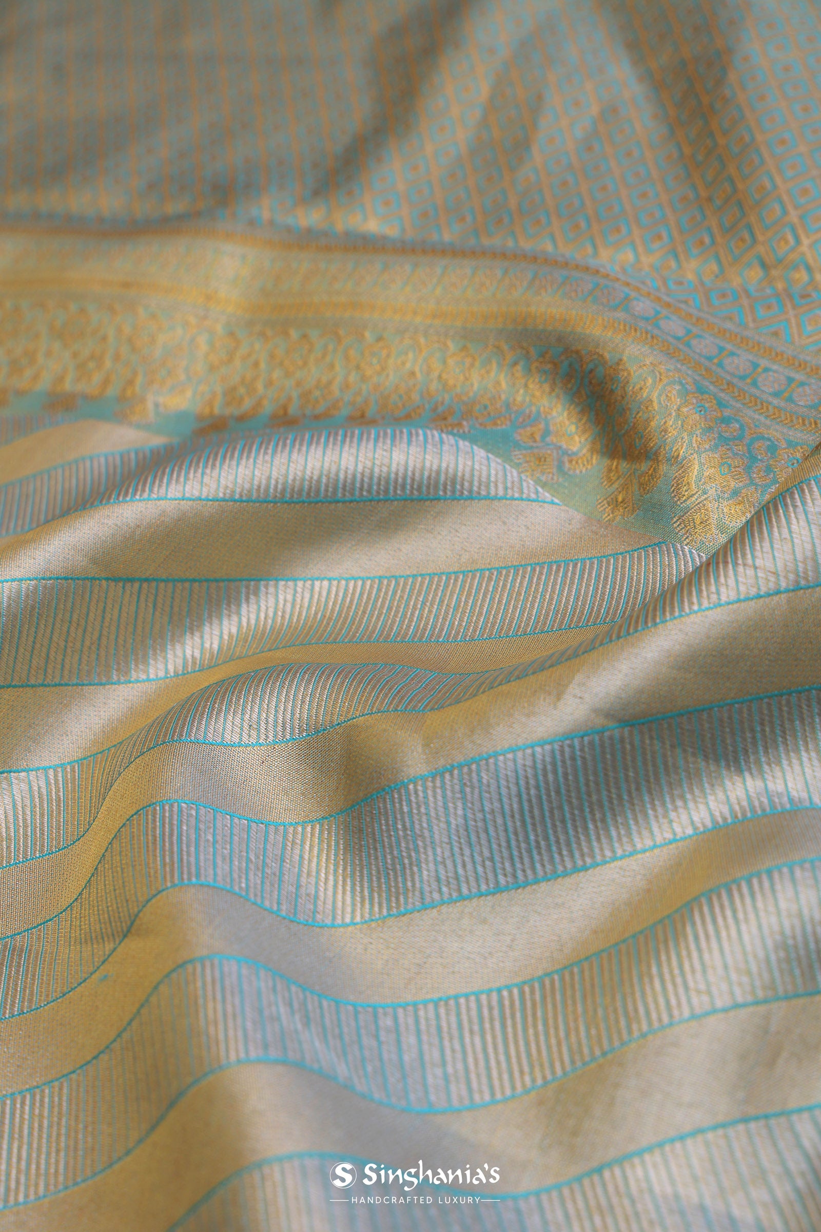 Sapphire Blue Tissue Kanjivaram Silk Saree With Gold Zari Border