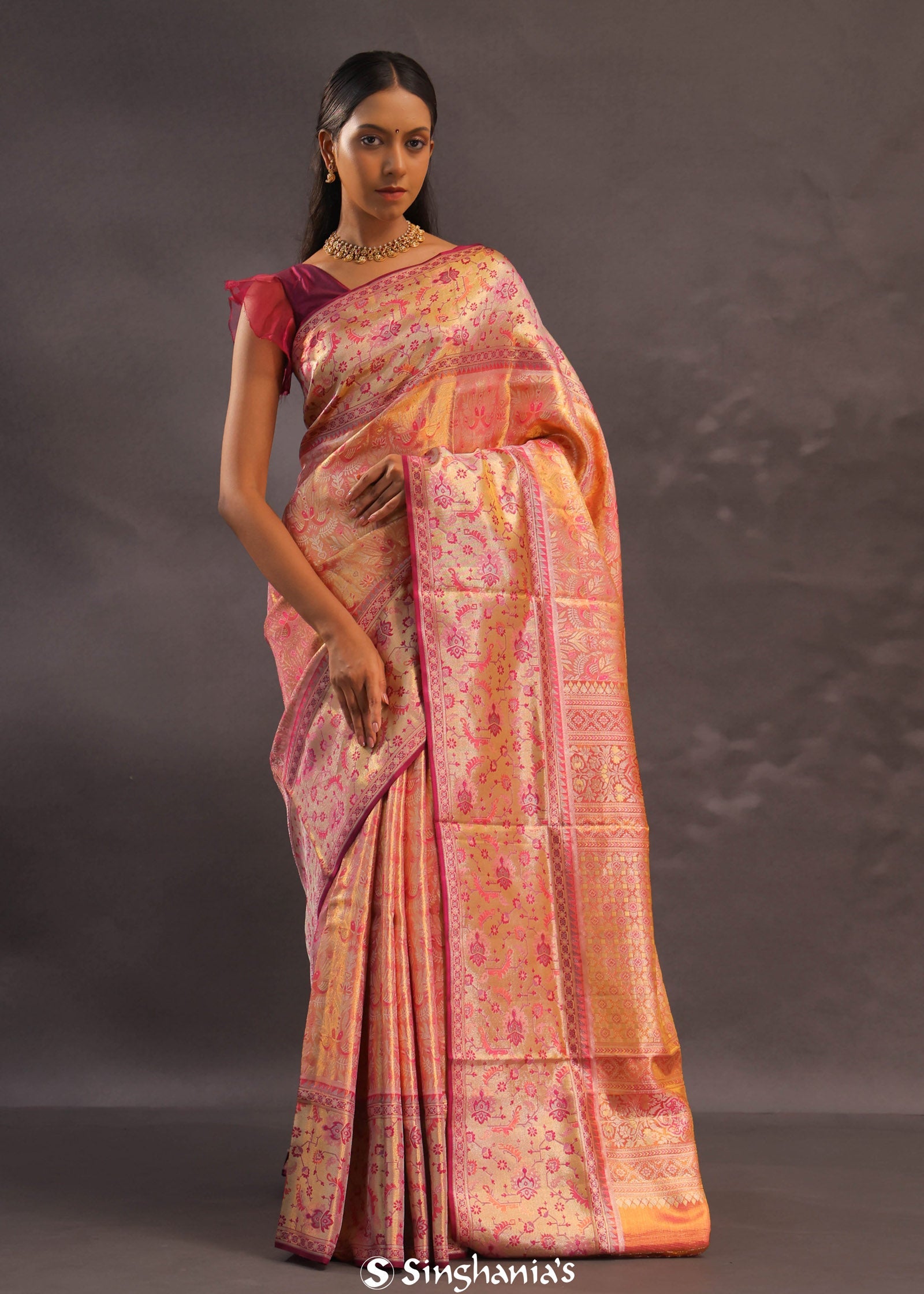 Orange Kanjivaram Tissue Silk Saree With Gold Zari Border