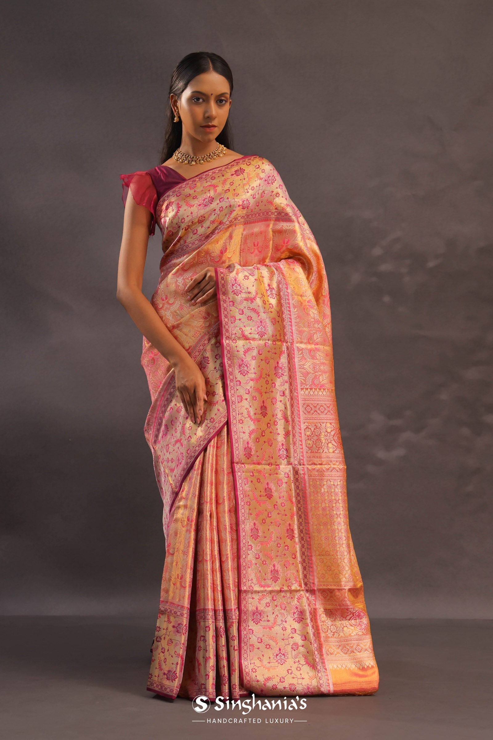 Orange Kanjivaram Tissue Silk Saree With Gold Zari Border