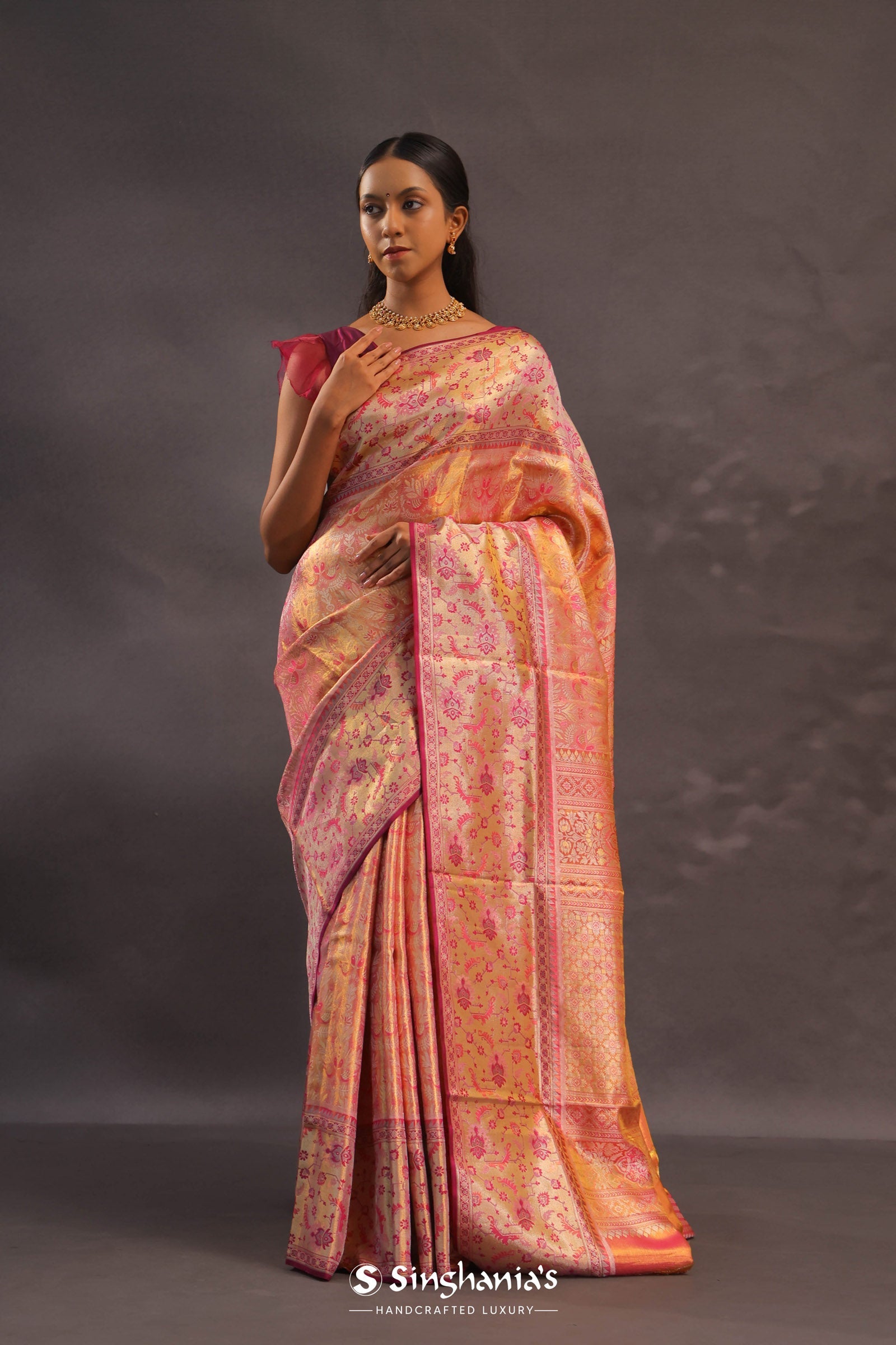 Orange Kanjivaram Tissue Silk Saree With Gold Zari Border