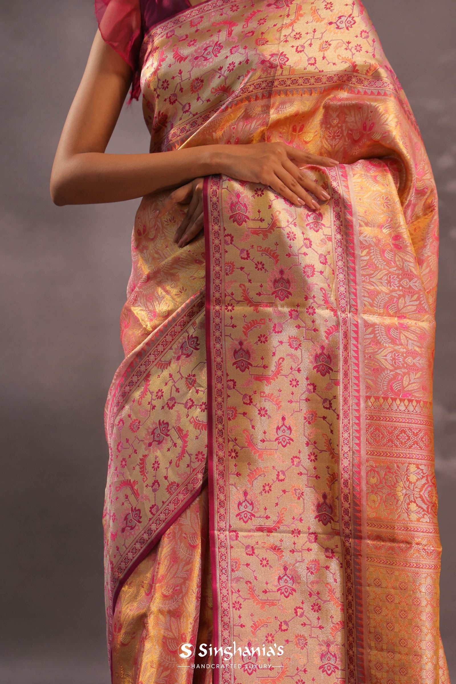 Orange Kanjivaram Tissue Silk Saree With Gold Zari Border