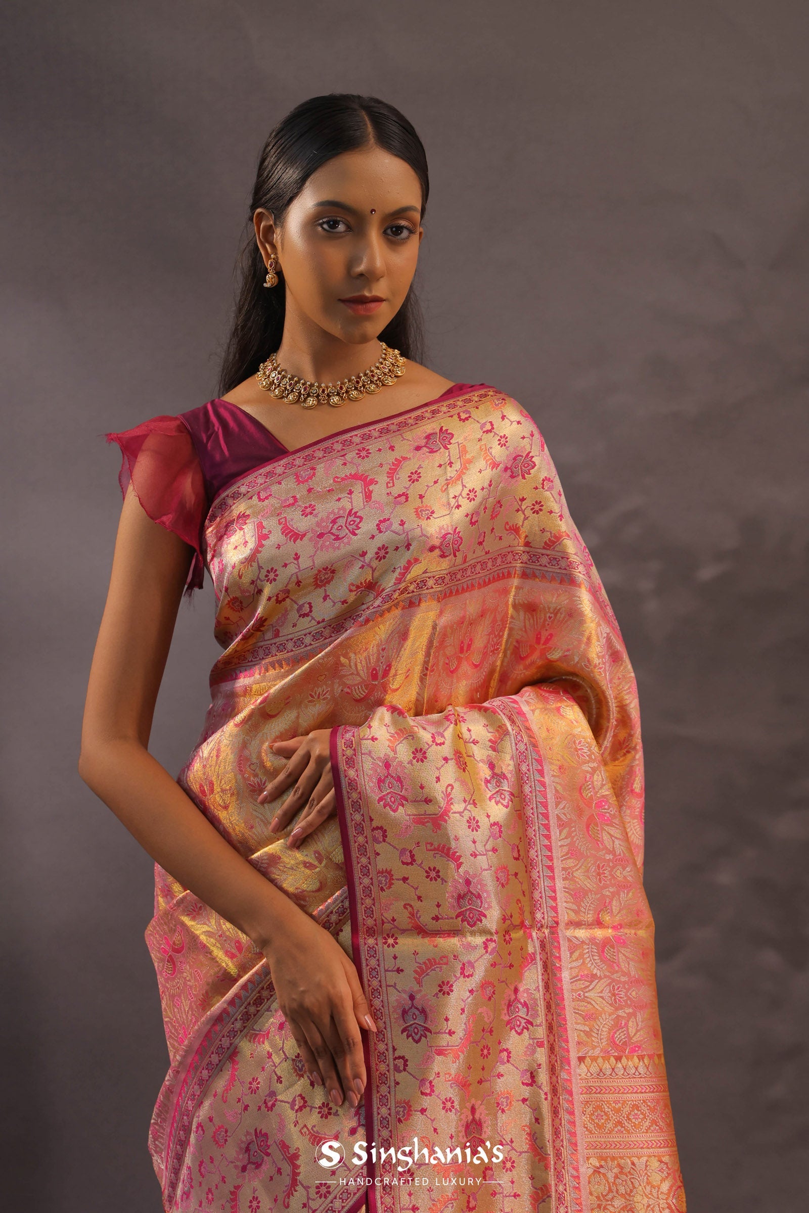 Orange Kanjivaram Tissue Silk Saree With Gold Zari Border