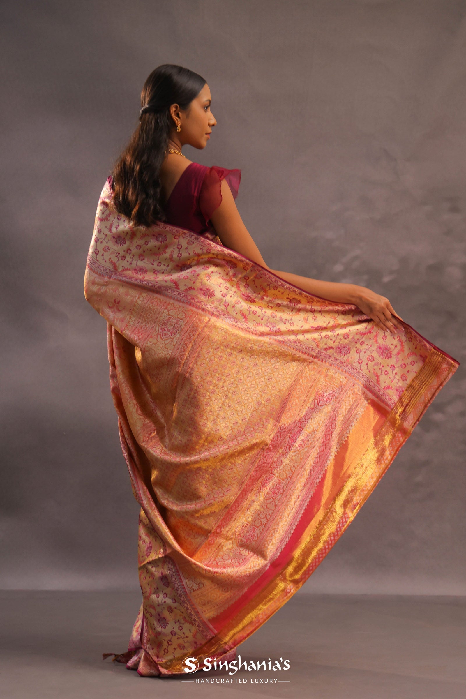 Orange Kanjivaram Tissue Silk Saree With Gold Zari Border
