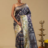 Marine Blue Kanjivaram Silk Saree With Contrast Border