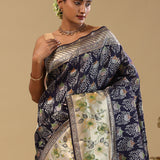 Marine Blue Kanjivaram Silk Saree With Contrast Border
