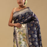 Marine Blue Kanjivaram Silk Saree With Contrast Border