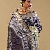 Marine Blue Kanjivaram Silk Saree With Contrast Border