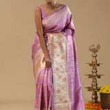 Lavender Pink Kanjivaram Silk Saree With Contrast Border