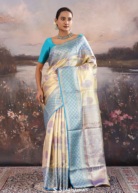 <img> Bone Orange Kanjivaram Tissue Saree With Contrast Border