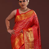 Vibrant Red Kanjivaram Silk Saree With Floral Jaal