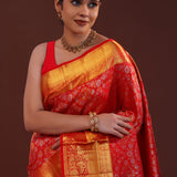 Vibrant Red Kanjivaram Silk Saree With Floral Jaal