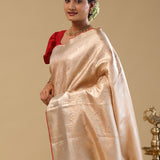 Peach Kanjivaram Tissue Saree With Red Edge