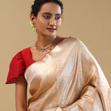 Peach Kanjivaram Tissue Saree With Red Edge