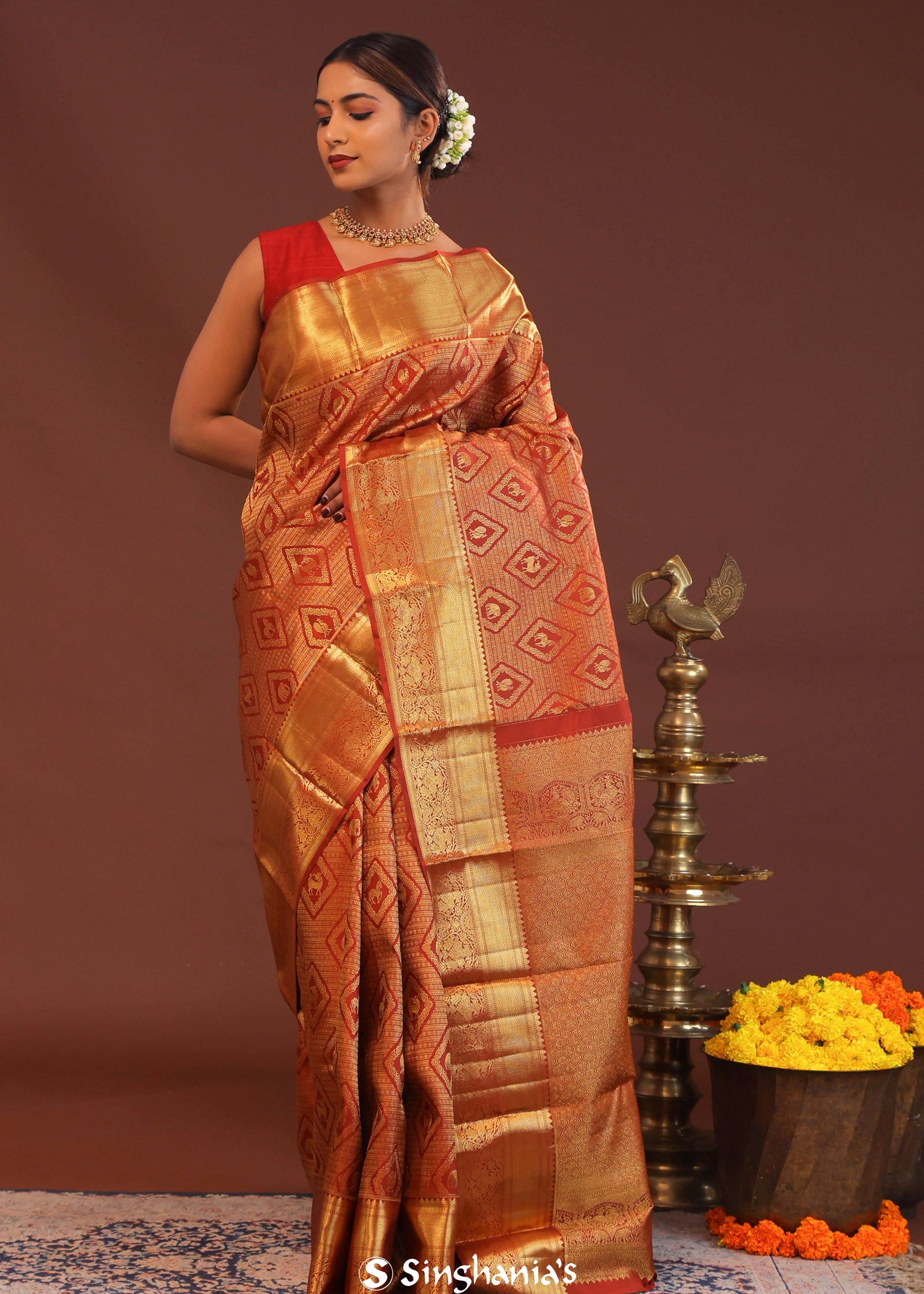 Cherry Red Kanjivaram Saree With Gold Zari Border