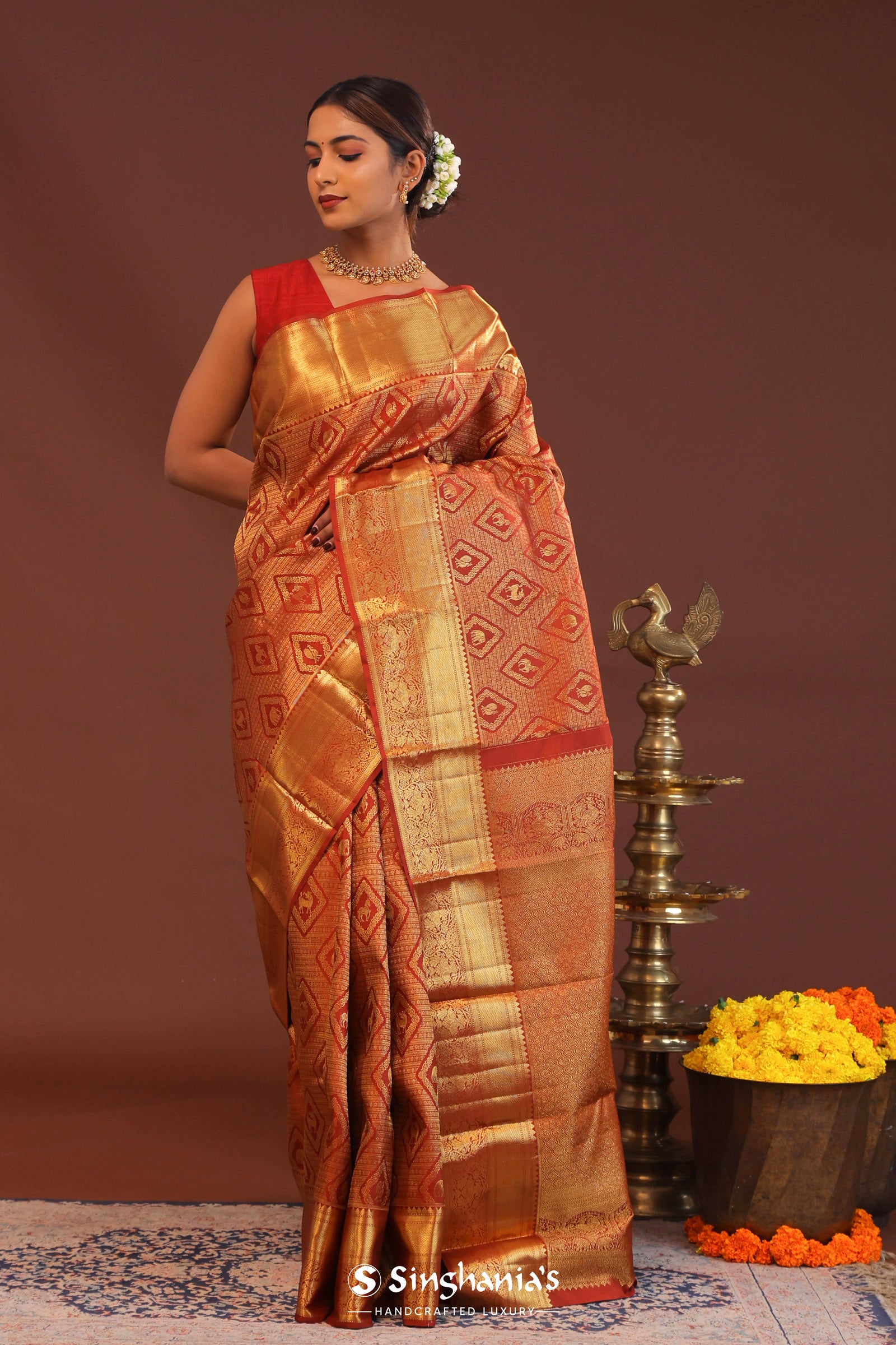 Cherry Red Kanjivaram Saree With Gold Zari Border