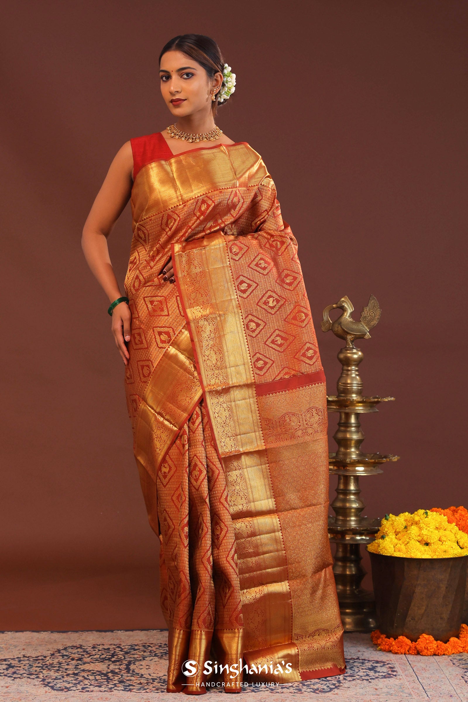 Cherry Red Kanjivaram Saree With Gold Zari Border