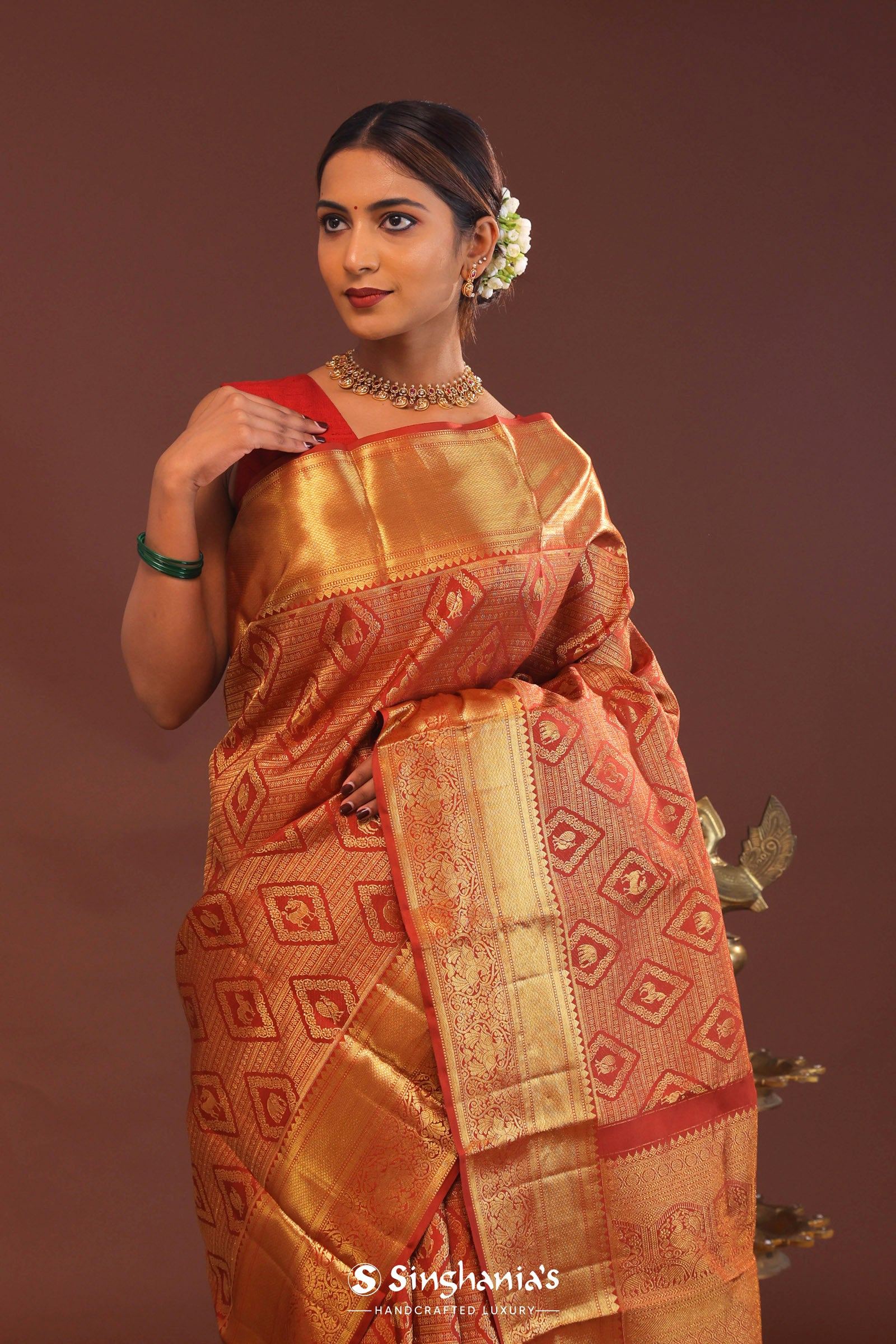 Cherry Red Kanjivaram Saree With Gold Zari Border