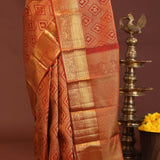 Cherry Red Kanjivaram Saree With Gold Zari Border