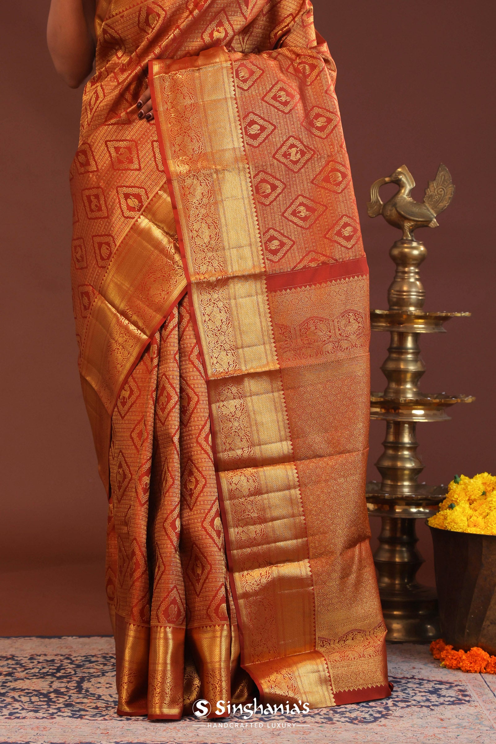 Cherry Red Kanjivaram Saree With Gold Zari Border