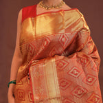 Cherry Red Kanjivaram Saree With Gold Zari Border