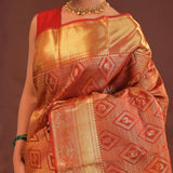 Cherry Red Kanjivaram Saree With Gold Zari Border