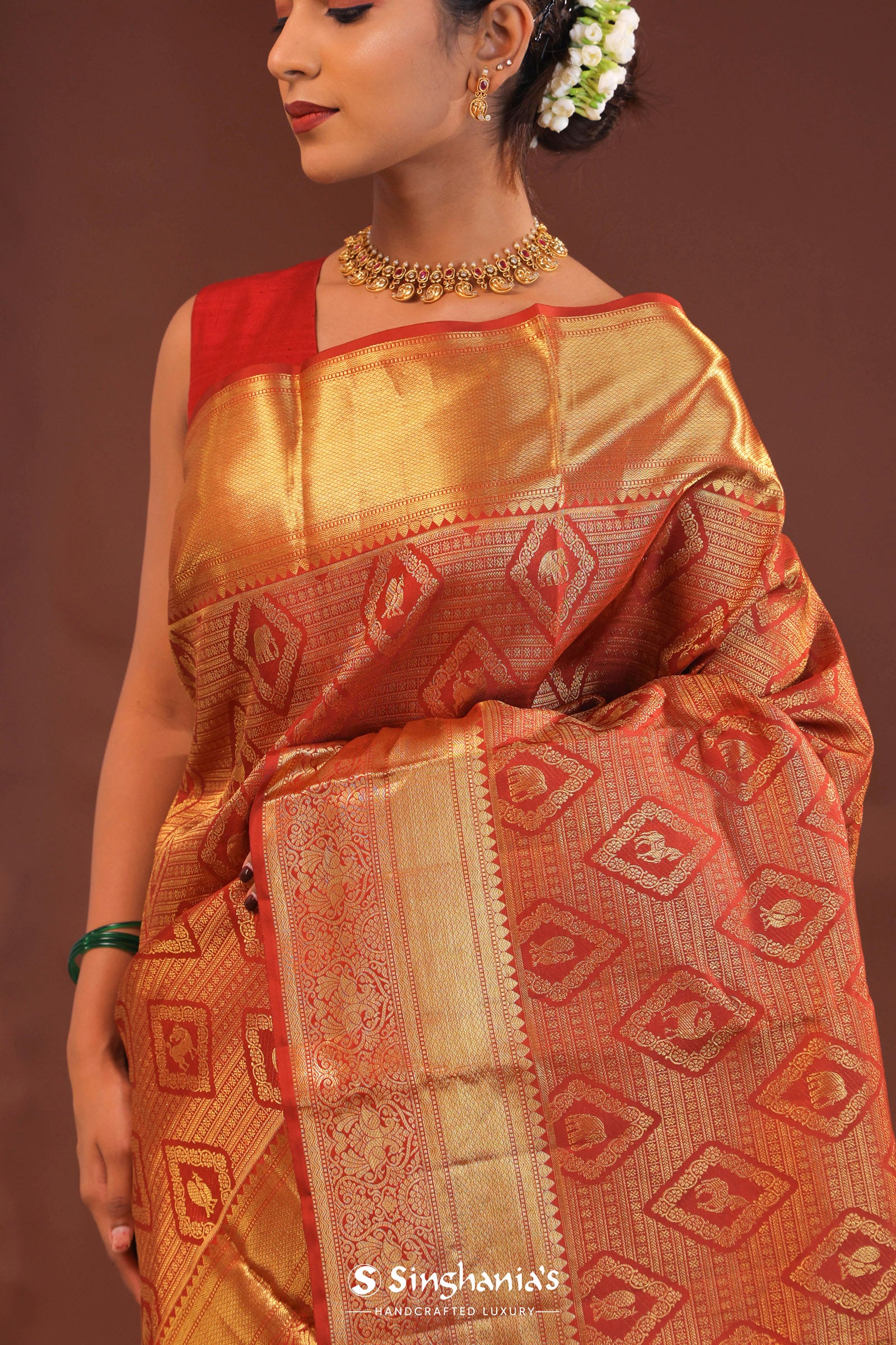 Cherry Red Kanjivaram Saree With Gold Zari Border