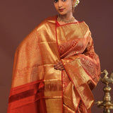 Cherry Red Kanjivaram Saree With Gold Zari Border