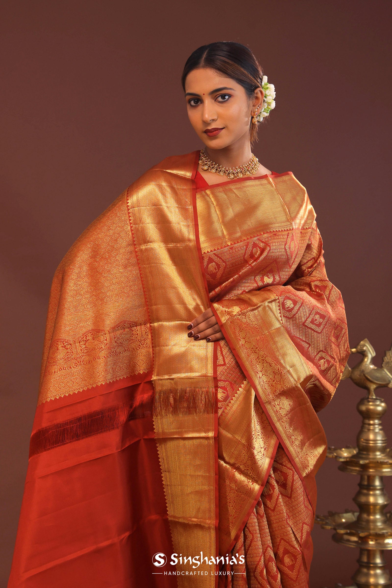 Cherry Red Kanjivaram Saree With Gold Zari Border