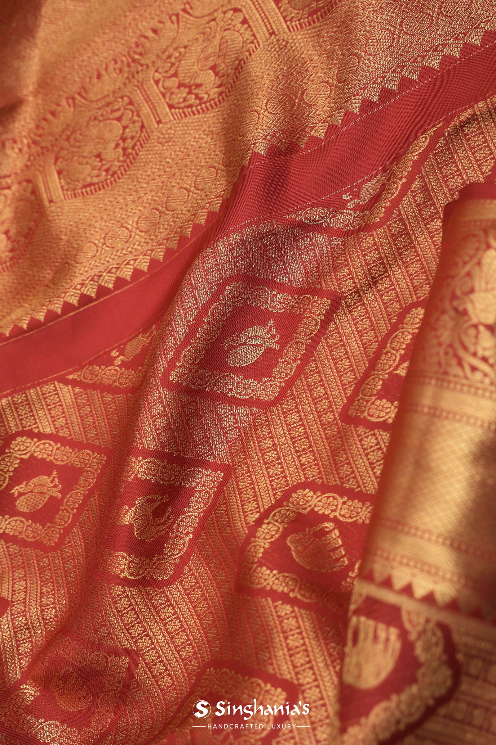 Cherry Red Kanjivaram Saree With Gold Zari Border