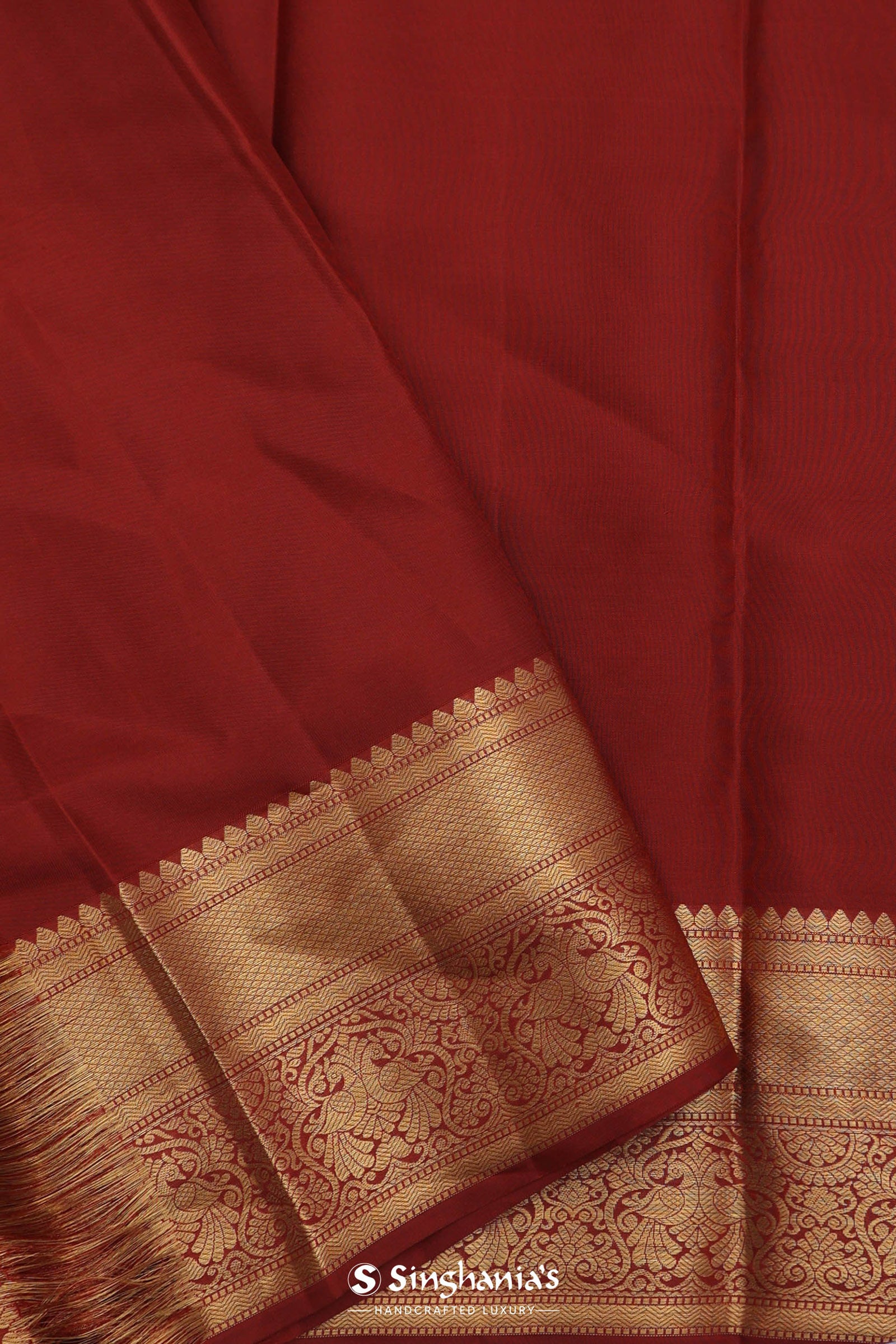 Cherry Red Kanjivaram Saree With Gold Zari Border