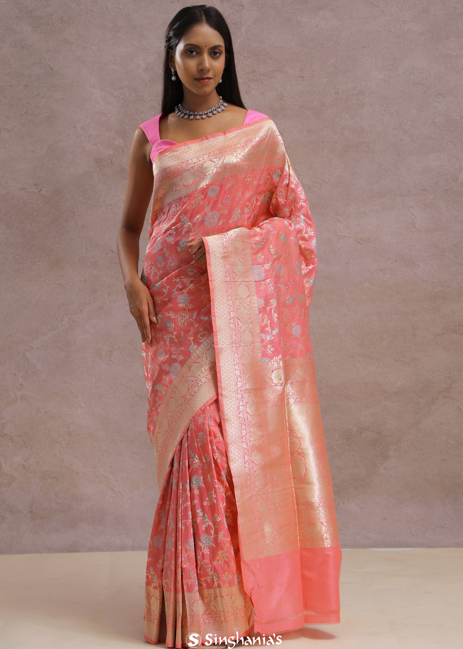 Watermelon Pink Banarasi Saree With Meenakari Work