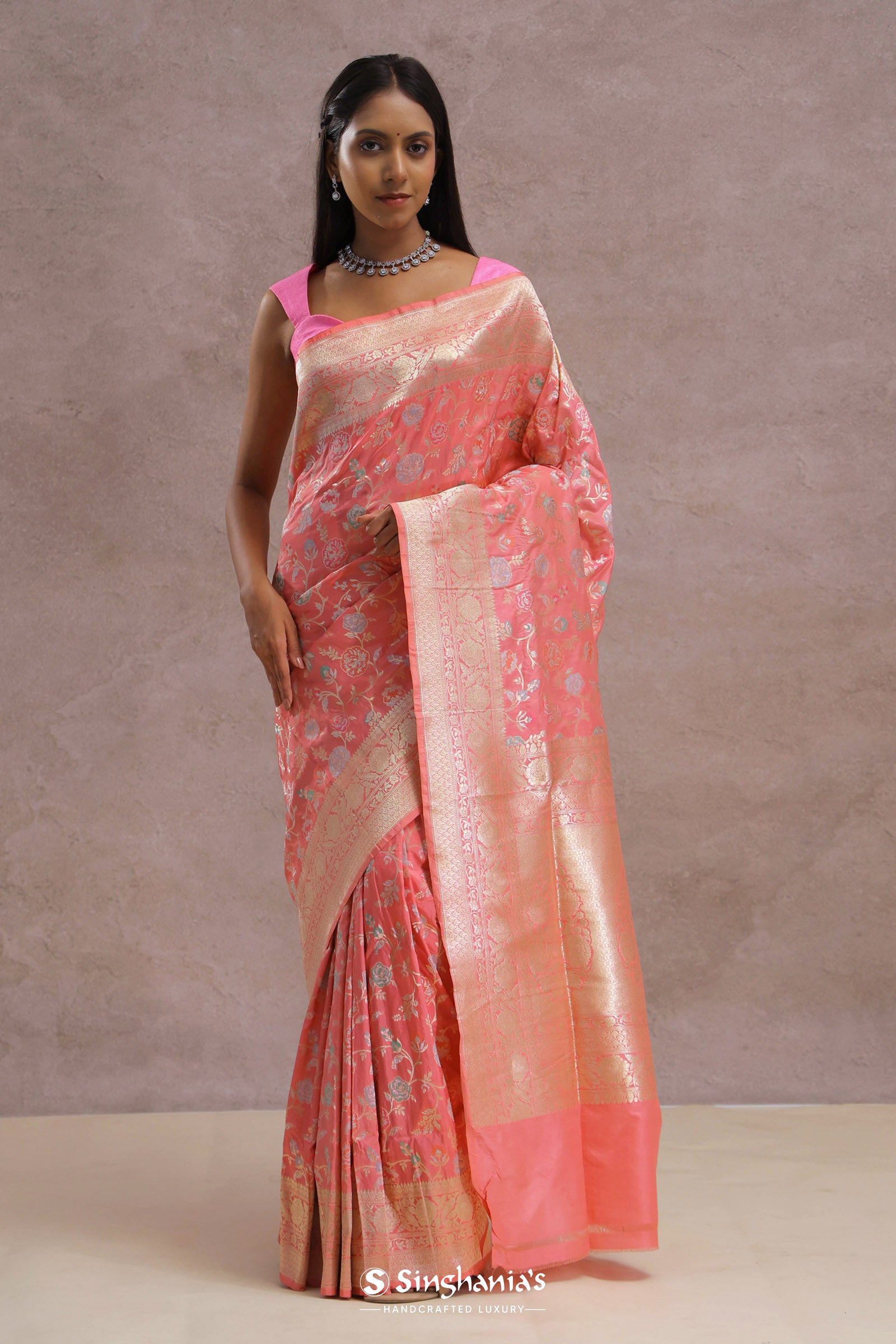 Watermelon Pink Banarasi Saree With Meenakari Work