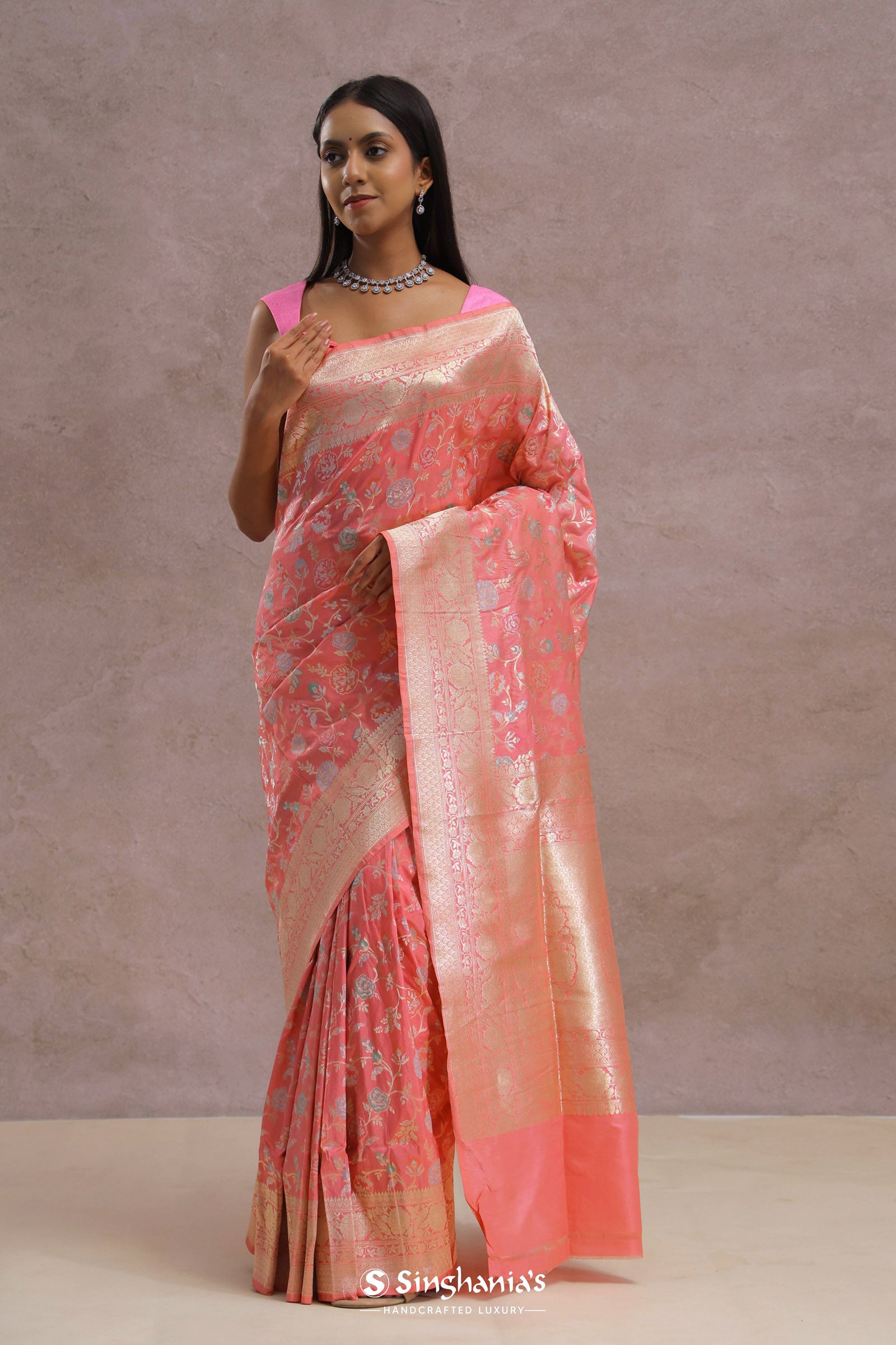 Watermelon Pink Banarasi Saree With Meenakari Work