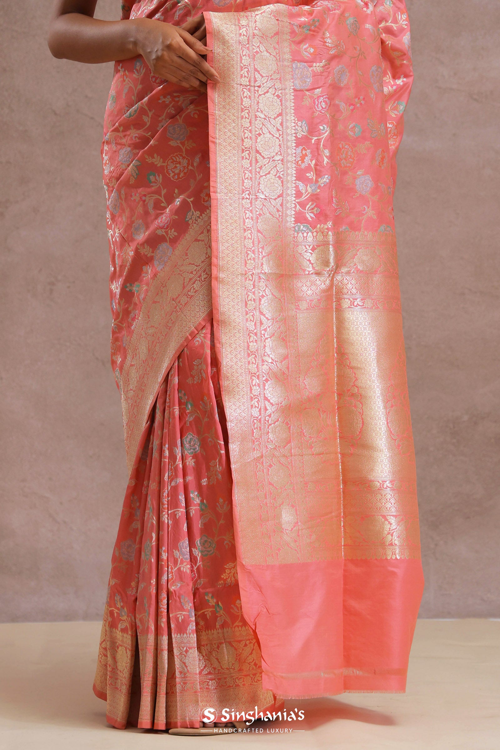 Watermelon Pink Banarasi Saree With Meenakari Work