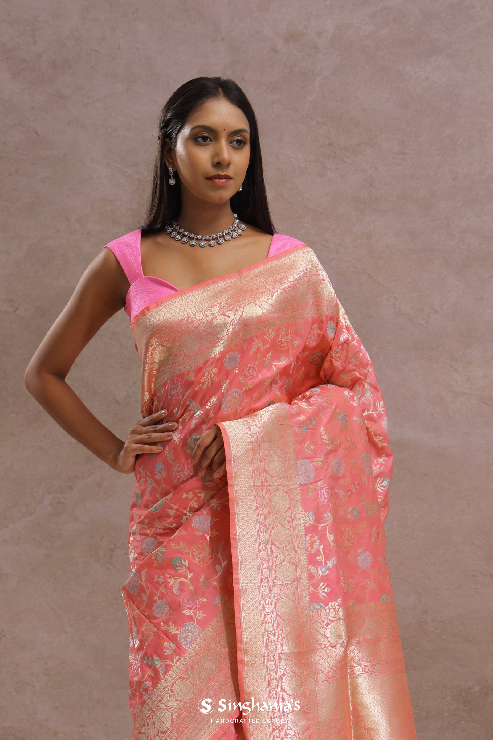 Watermelon Pink Banarasi Saree With Meenakari Work
