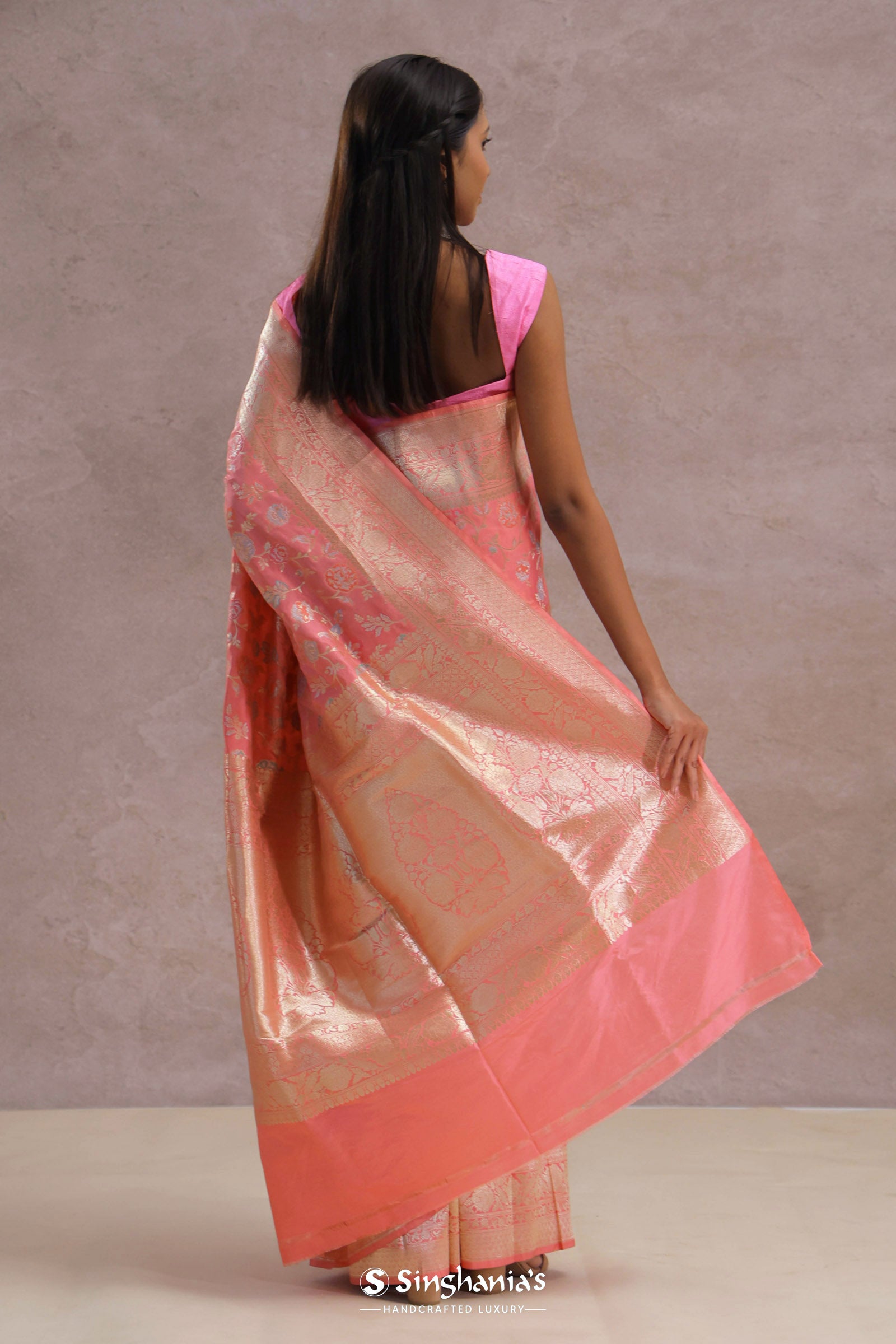 Watermelon Pink Banarasi Saree With Meenakari Work